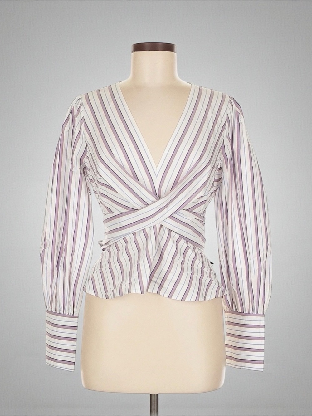 Veronica Beard Striped Wrap Blouse | Bishop Sleeve | Ruched Waist | Size 8